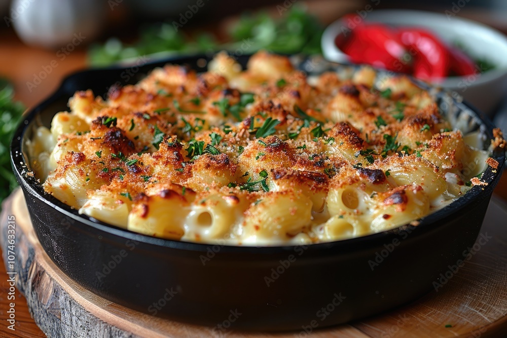 Close-up of Creamy Macaroni and Cheese with Crunchy Topping in a Black Cast Iron Skillet Close-up of Creamy Macaroni and Cheese with Crunchy Topping in a Black Cast Iron Skillet