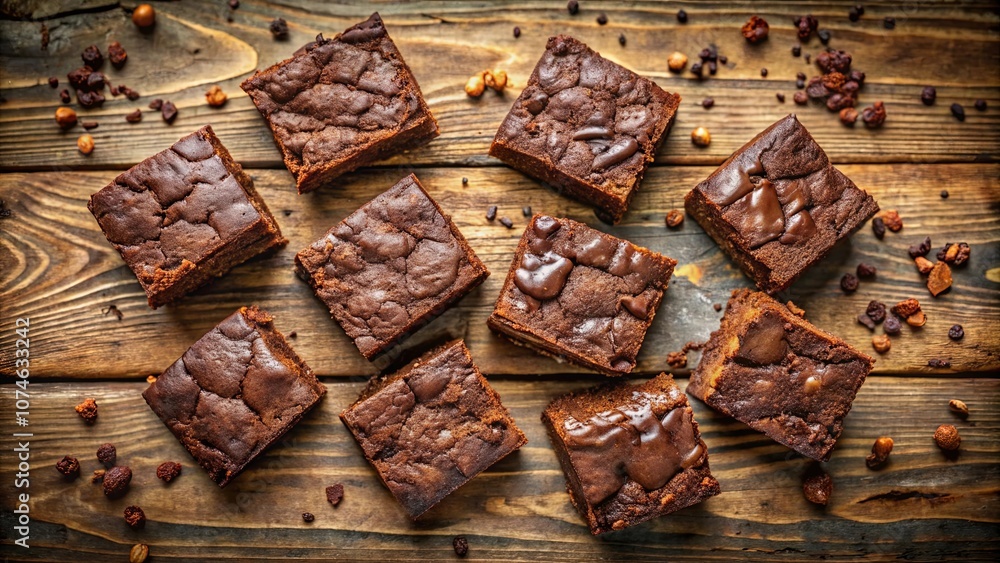 A collection of freshly baked chocolate brownies with a rich, fudgy texture, arranged on a rustic wooden surface, sprinkled with sweet, crunchy toppings, inviting a delicious indulgence. A collection of freshly baked chocolate brownies with a rich, fudgy texture, arranged on a rustic wooden surface, sprinkled with sweet, crunchy toppings, inviting a delicious indulgence.