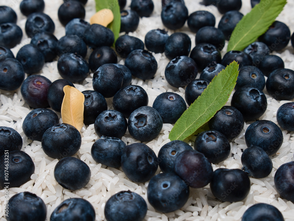 Blueberries lying on grains of rice with green leaves in between Blueberries lying on grains of rice with green leaves in between