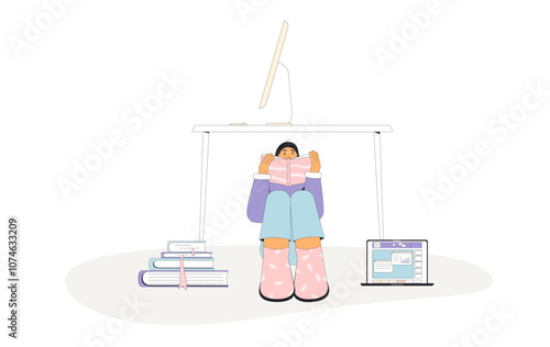 Self paced learning concept. Female student sitting under a desk, reading a book, surrounded by a stack of books and a laptop isolated on white background. Vector illustration
