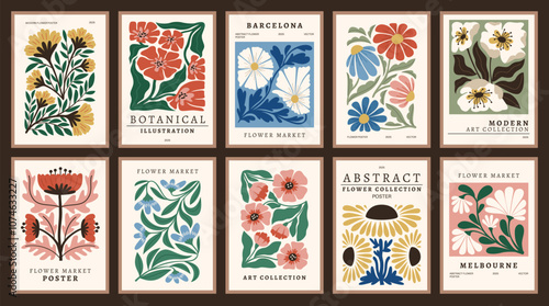 Modern flowers posters. Abstract floral cover templates collection, trendy botanical elements, plants contemporary compositions, Matisse art, flower market, wallpaper or print, tidy vector set