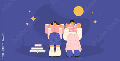 Illustration of a couple reading books under a night sky with stars and moon, creating a cozy and peaceful atmosphere. Young adult vector concept.