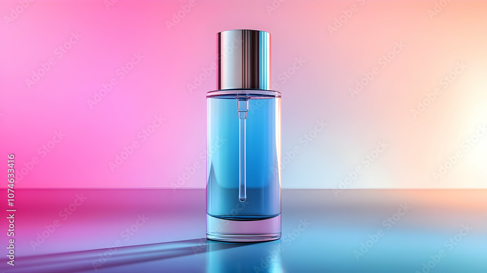 Glass Bottle with Blue Liquid on Gradient Pink Background - 3D Illustration Glass Bottle with Blue Liquid on Gradient Pink Background - 3D Illustration