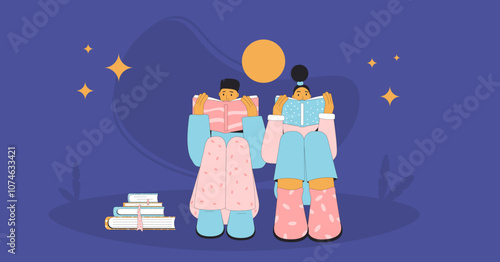 Couple reading books under night sky vector illustration. Books lovers concept.