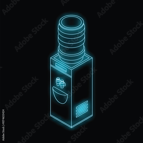 Neon glowing icon of a water cooler on a dark background