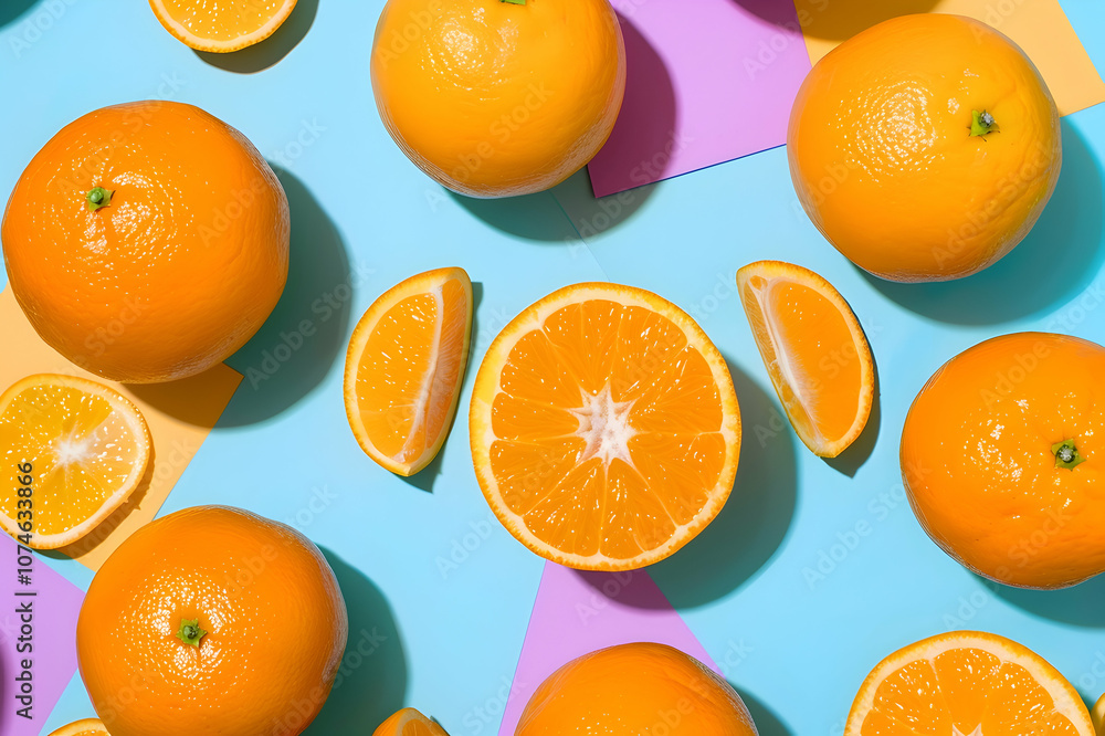 top view of juicy whole oranges and slices on colorful background top view of juicy whole oranges and slices on colorful background