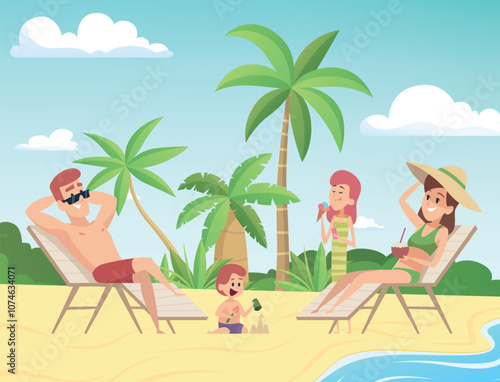 family on beach. parents and kids spend time on the seaside relax time sunbathing