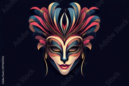 Colorful mask design with intricate feather patterns and elegant features