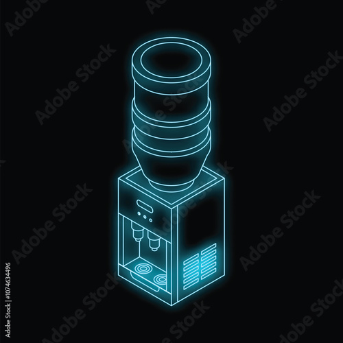 Neon glowing outline of an office water cooler standing on dark background in isometric view