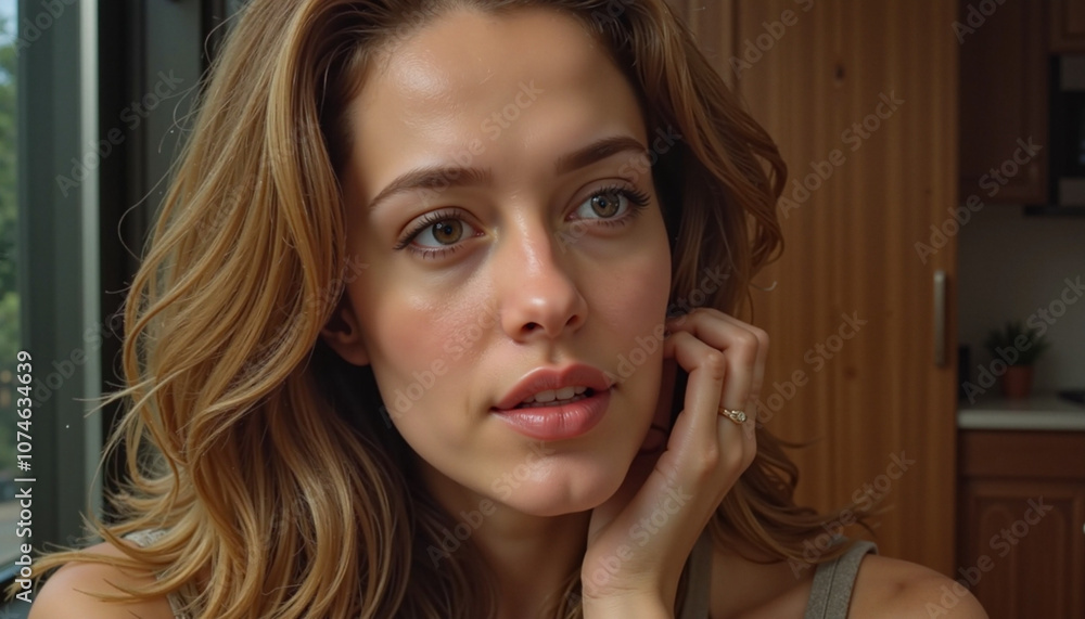 Interested young woman with an engaged expression in a bright indoor setting Interested young woman with an engaged expression in a bright indoor setting