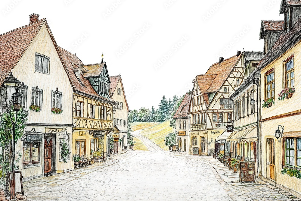 Fototapeta premium Travel sketch of Rothenburg ob der Tauber, Germany. Urban sketch in black color isolated on white background. 