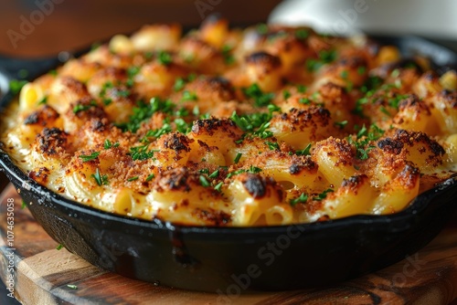 Close-up of a Creamy and Crispy Macaroni and Cheese Dish with Greenery Garnish photo