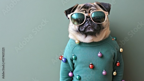 Pug merrily adorned with ornaments on aqua sweater