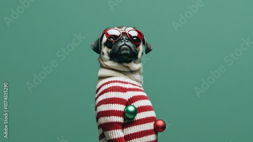 Striped sweater pug posed with holiday goggles