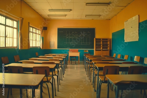 Empty Classroom with Desks and Chairs - Education and Learning Space