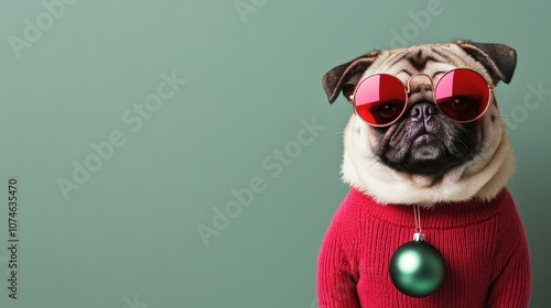 Festive pug with sweater and ornament on green