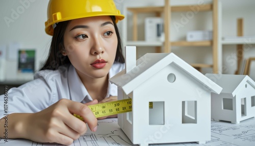 Woman measuring a miniature house model with a tape measure.