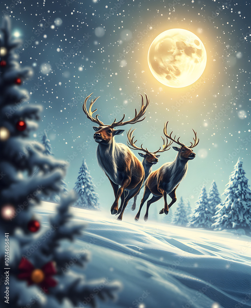 Christmas scene, flying reindeer, snow landscape Christmas scene, flying reindeer, snow landscape