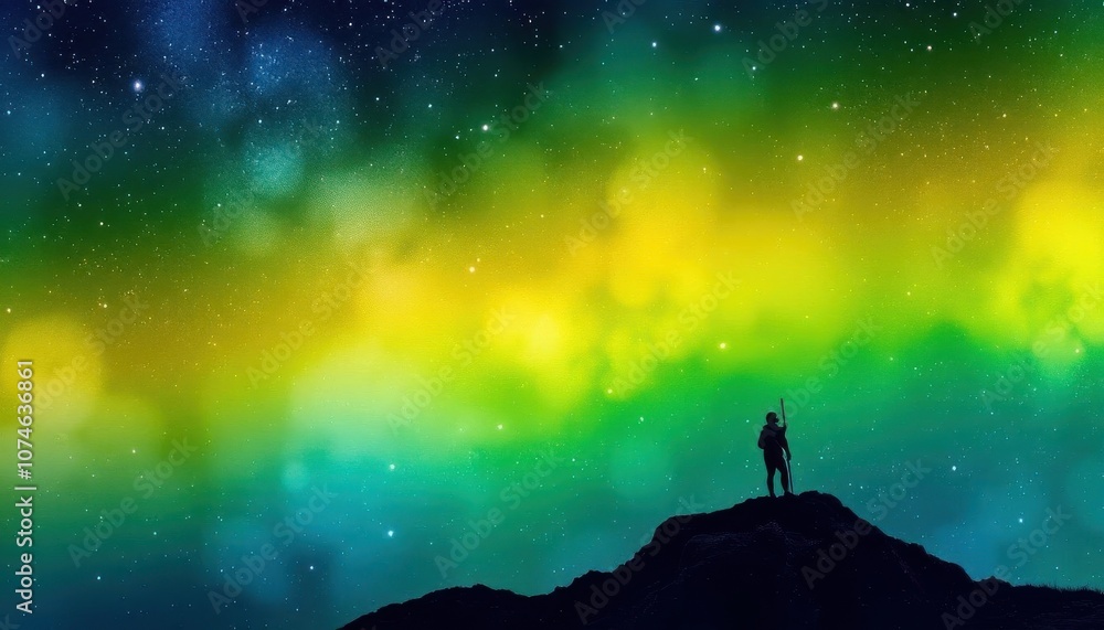 Fototapeta premium a person standing on a mountain looking at the aurora bore