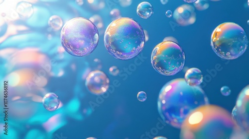 Colorful soap bubbles floating in the air against a vibrant blue background, creating a dreamy atmosphere.