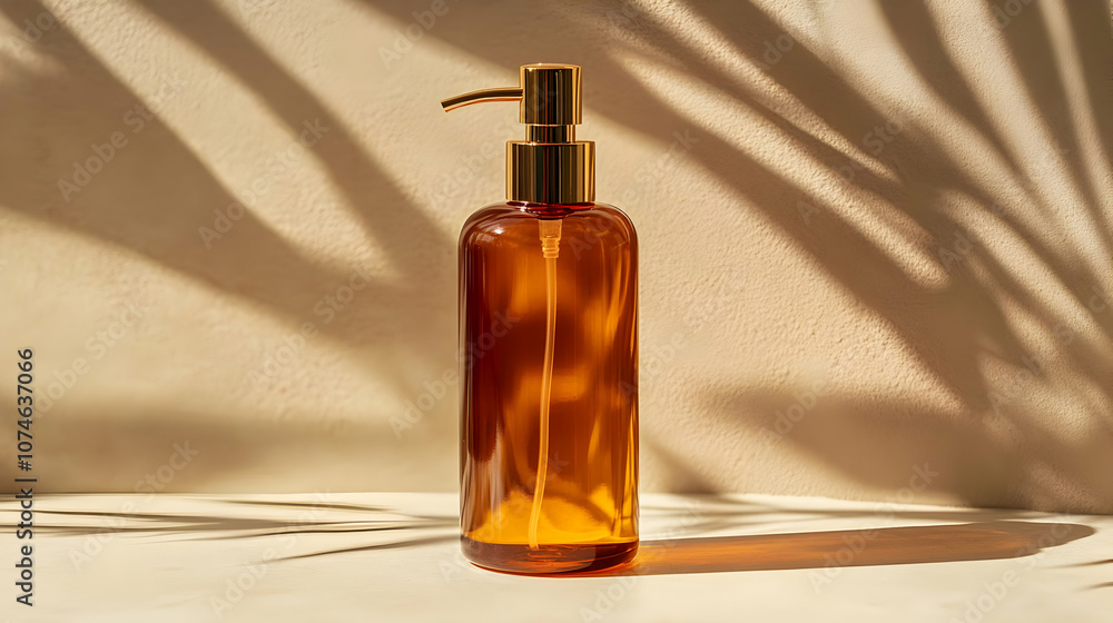 Amber Glass Bottle with Gold Pump in Sunlight Shadows - Product Photography Amber Glass Bottle with Gold Pump in Sunlight Shadows - Product Photography