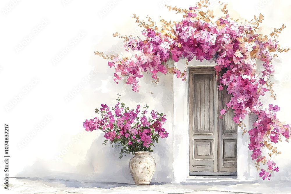 Fototapeta premium Greece illustration. landscape with a rose tree. background greece. 