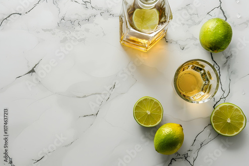 top view of golden tequila in bottle and shot glass with lime on white marble surface