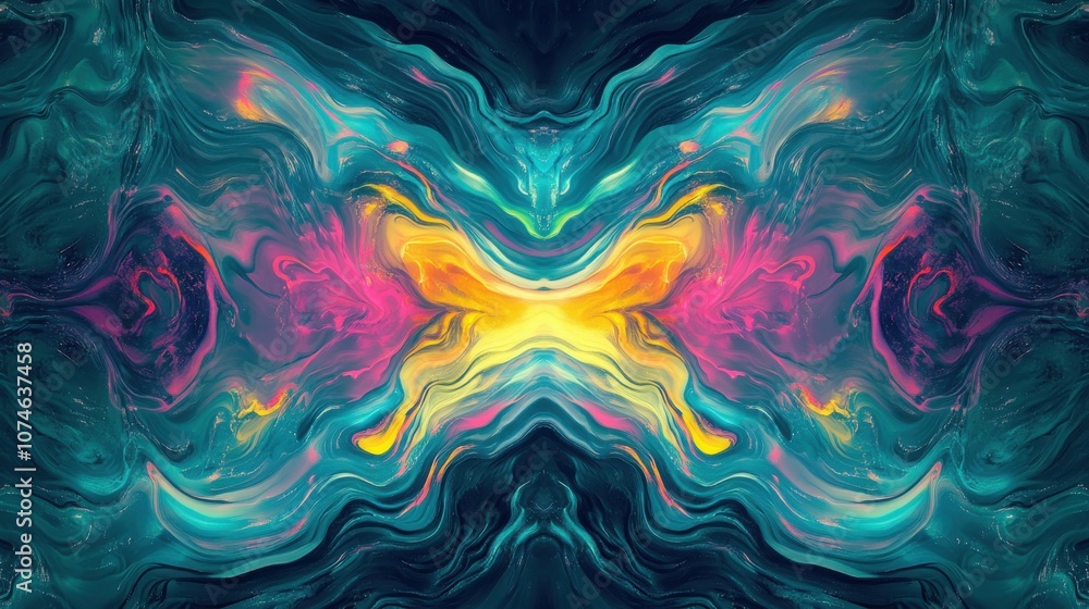 A vibrant abstract butterfly design featuring bright pink, yellow, and teal swirls against a dark backdrop. A vibrant abstract butterfly design featuring bright pink, yellow, and teal swirls against a dark backdrop.
