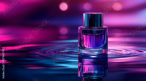 Glass Bottle on Purple and Blue Abstract Water Background