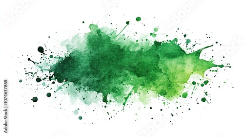 Vibrant green watercolor splash with dynamic ink splatters on white background