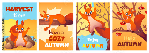 Cute red squirrels autumn cards. Funny forest animals climb trees, nuts and berries harvested and stored, cozy season mascots, childish print or poster, vector cartoon flat style isolated set