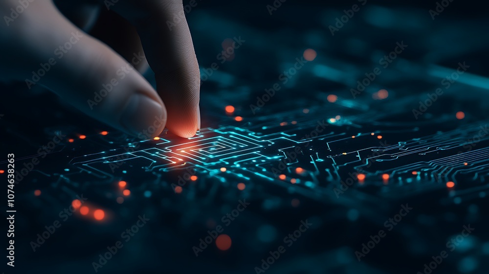 Close-up of a hand interacting with a glowing circuit board, showcasing technology and digital connectivity. Close-up of a hand interacting with a glowing circuit board, showcasing technology and digital connectivity.