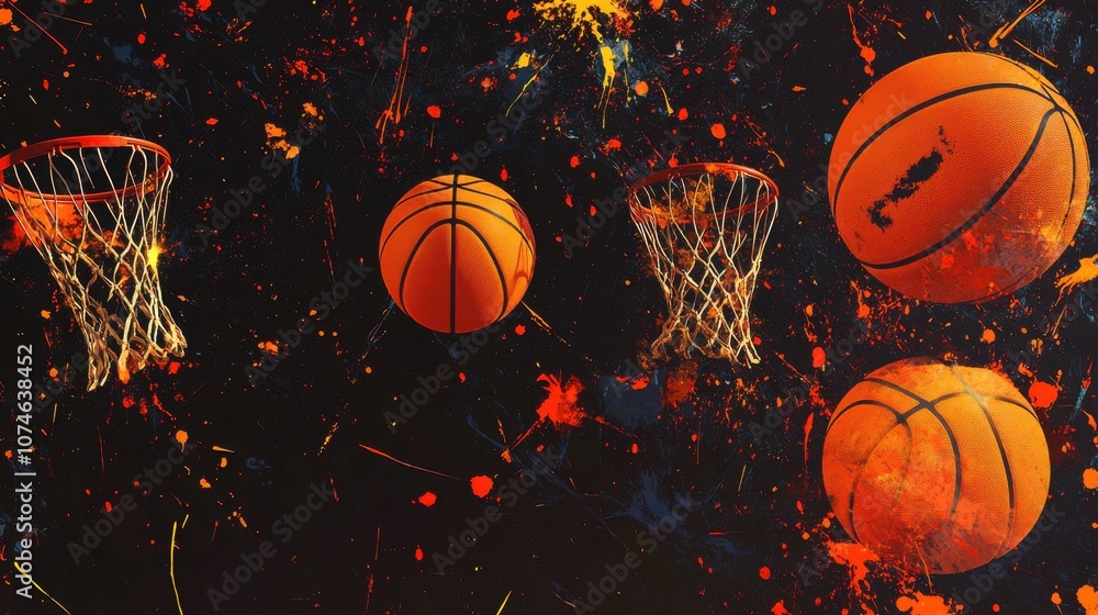 Dynamic composition of basketballs in motion against a vibrant, abstract background, highlighting the energy of the game. Dynamic composition of basketballs in motion against a vibrant, abstract background, highlighting the energy of the game.