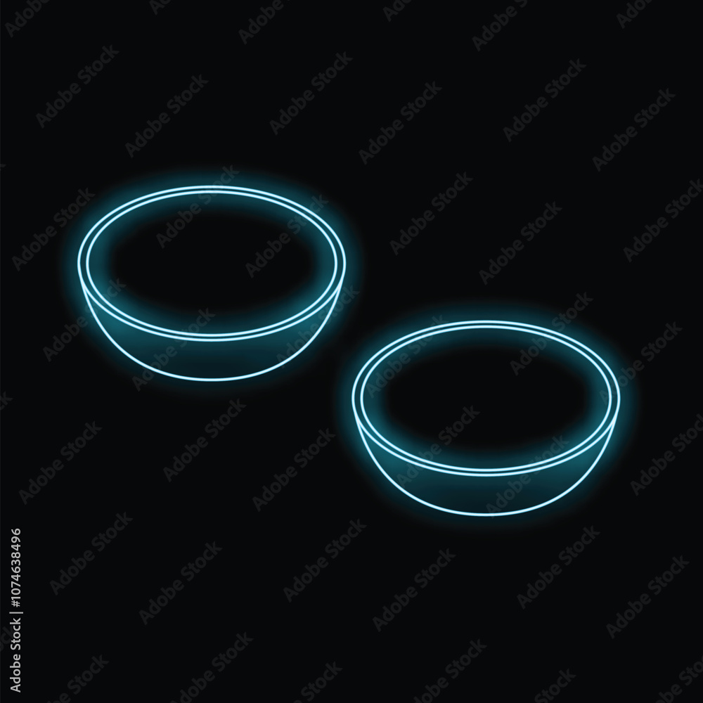 Two empty bowls glowing with neon blue light on a black background, perfect for food and beverage concepts Two empty bowls glowing with neon blue light on a black background, perfect for food and beverage concepts