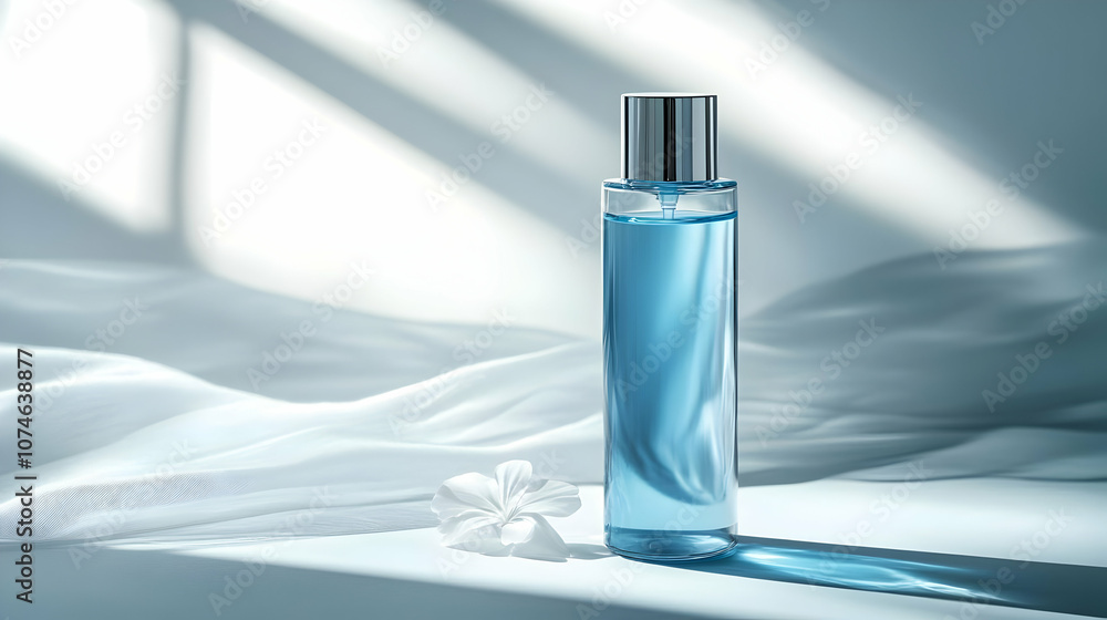 Blue Perfume Bottle on White Fabric with Flower - Product Photography Blue Perfume Bottle on White Fabric with Flower - Product Photography