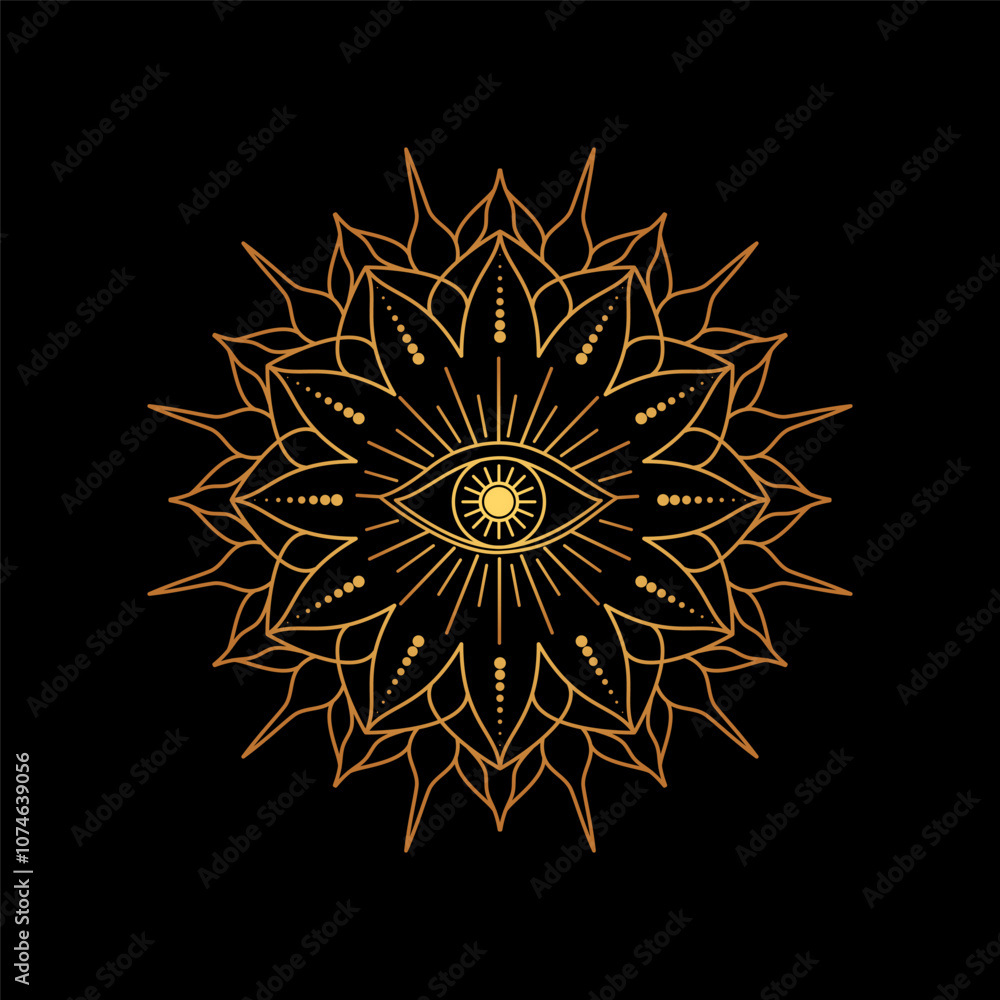 Geometric mandala with an all seeing eye at the center, surrounded by weird patterns, symbolizing spirituality and enlightenment.