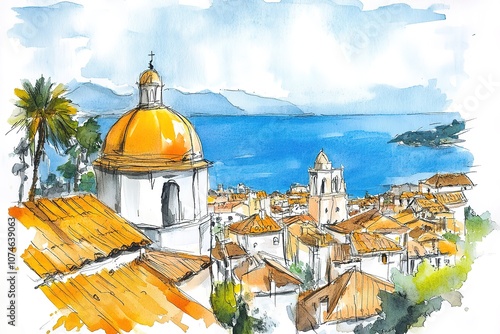 hand drawn pencil and watercolor painting of beautiful Cote d'Azur. Seascape painting with blue sea, beach, buildings, island, plants, resort, beautiful coastal view and bright blue sky