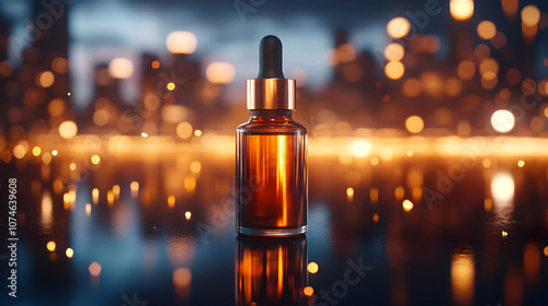 3D Rendering of Glass Dropper Bottle with Golden Cap on Shiny Surface with Bokeh Background