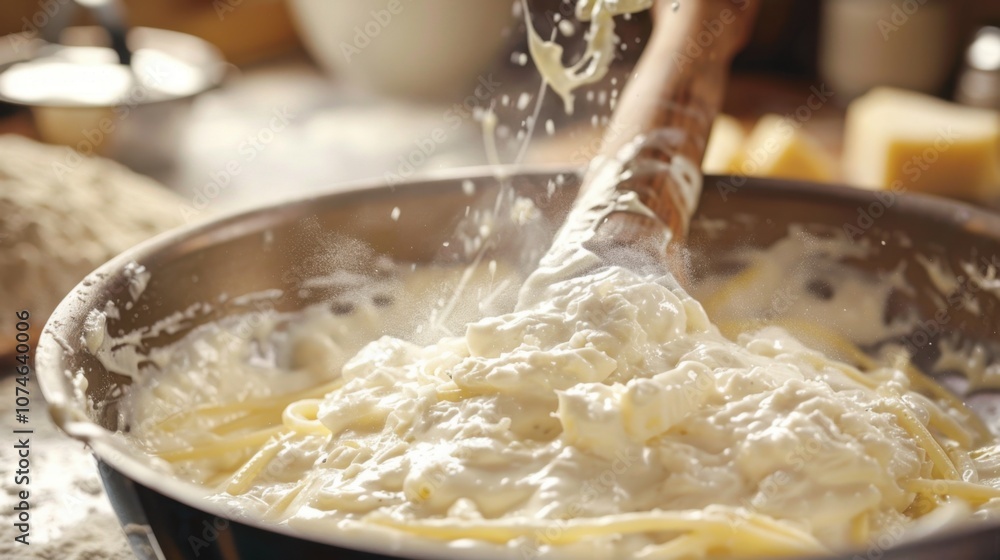 Fototapeta premium Alfredo Sauce: A velvety sauce made from butter, cream, and Parmesan, often used in fettuccine Alfredo, and an excellent pairing with vegetables and chicken. 