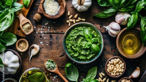 Pesto Sauce: A fresh, aromatic green sauce made from basil, garlic, pine nuts, Parmesan, and olive oil, perfect for pasta, sandwiches, or roasted veggies.
