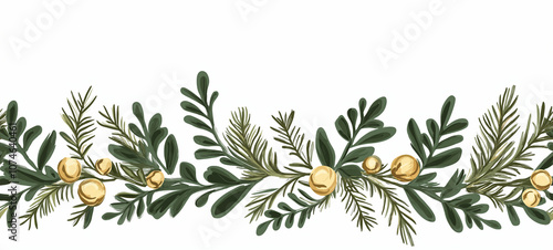 Seamless Horizontal Christmas pine Leaves with green and gold ornaments boarder isolated on white background
