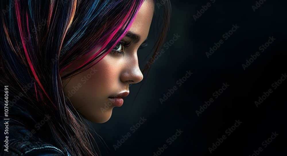 A side-profile of a young woman with dark, glossy hair highlighted by streaks of vibrant pink and purple. A side-profile of a young woman with dark, glossy hair highlighted by streaks of vibrant pink and purple.