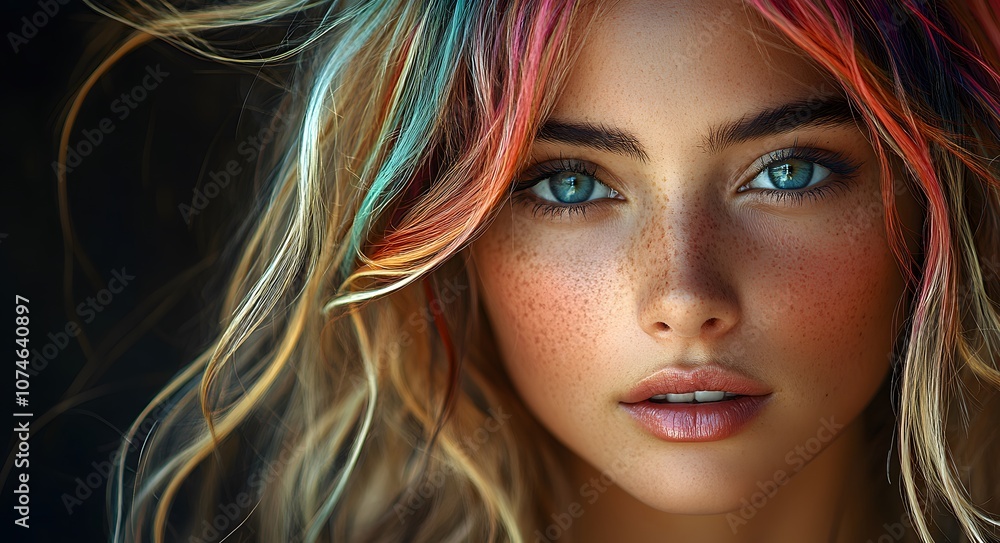 A stunning close-up of a young woman with vibrant, multi-colored hair that blends shades of pink, blue, and blonde, creating a beautiful, playful look. A stunning close-up of a young woman with vibrant, multi-colored hair that blends shades of pink, blue, and blonde, creating a beautiful, playful look.