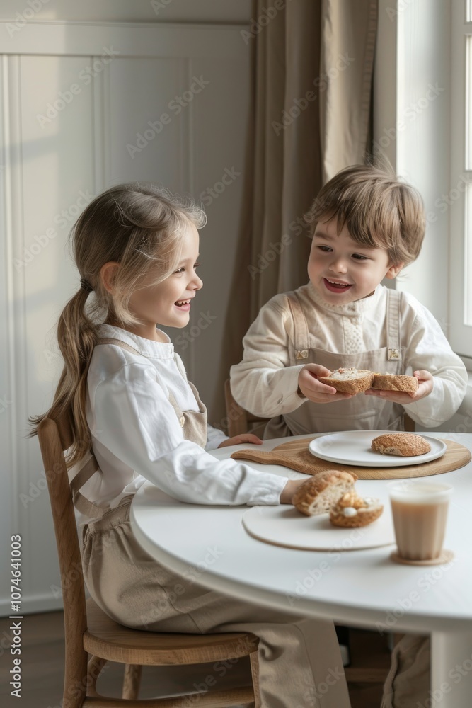 Children enjoying simple sandwiches at a bright table, smiling and having fun Children enjoying simple sandwiches at a bright table, smiling and having fun