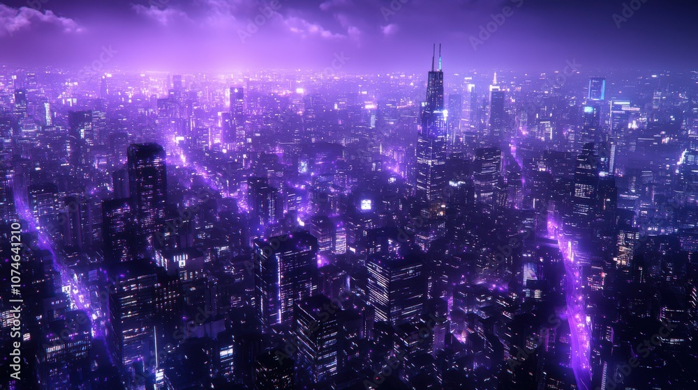 Fototapeta premium Vibrant purple cityscape at night showcasing a sprawling urban landscape and shimmering lights.