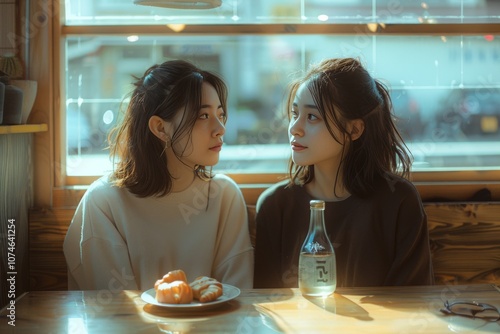 Women with dark hair sitting in a cozy cafe, enjoying conversation and drinks