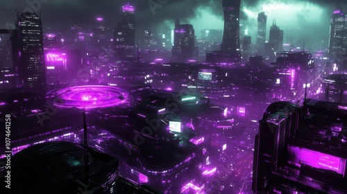 A breathtaking view of a futuristic cityscape illuminated in vibrant purple hues under a moody sky.