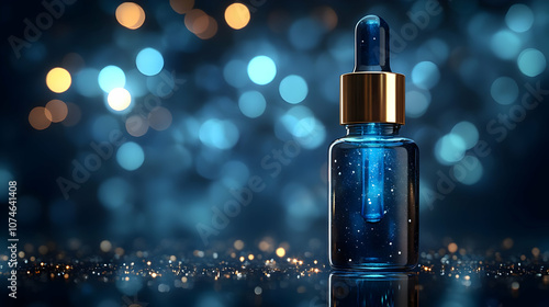 Blue Glass Dropper Bottle with Golden Cap, 3D Illustration