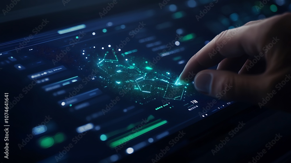 A hand interacts with a digital interface displaying a network of glowing data points and analytics on a dark screen. A hand interacts with a digital interface displaying a network of glowing data points and analytics on a dark screen.