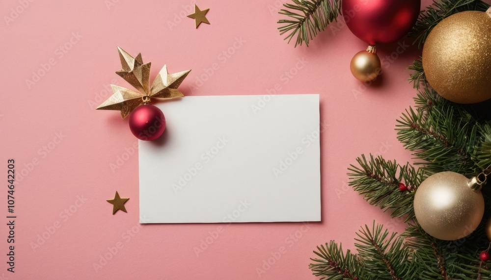Festive Christmas decorations featuring stars, ornaments, and a blank card on a vibrant red background with evergreen branches. Festive Christmas decorations featuring stars, ornaments, and a blank card on a vibrant red background with evergreen branches.